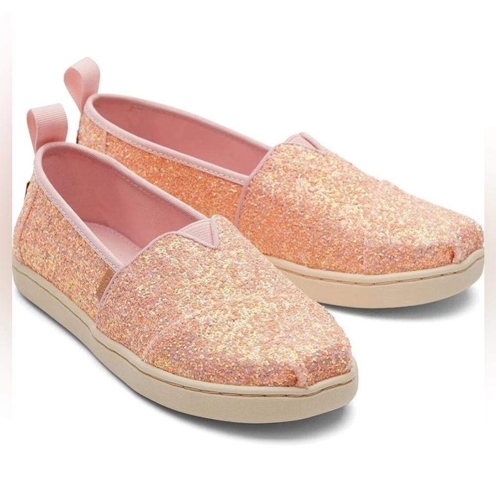 TOMS Alpargata Loafer Flat, PINK QUARTZ CHUNKY GLITTER Youth Size 5.5 NWT